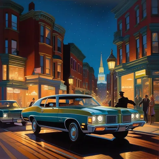 Prompt: 1970s, Boston at night, car chase, warm atmosphere, cartoony style, extremely detailed painting by Greg Rutkowski and by Henry Justice Ford and by Steve Henderson