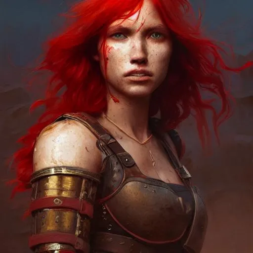 Prompt: Portrait of a warrior with red hair, background is a desolate place, perfect composition, hyperrealistic, super detailed, 8k, high quality, trending art, trending on artstation, sharp focus, studio photo, intricate details, highly detailed, by greg rutkowski