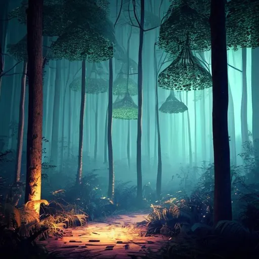 Prompt: forest at night with floating lights concept art.
Make it 1080 by 1920 pixels

