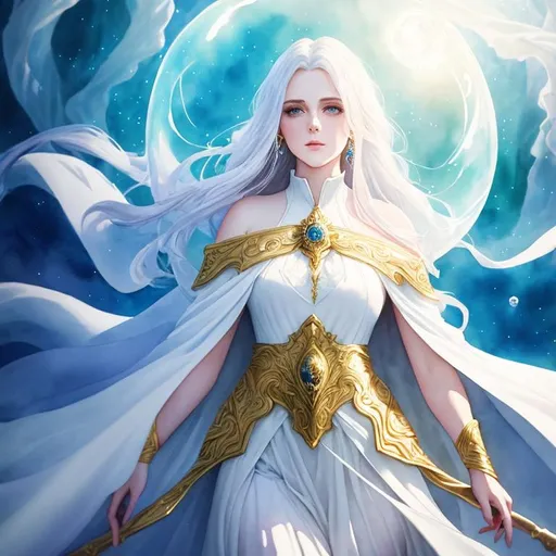 Prompt: watercolor painting of young female wizard in white heavy flowing robes without helmet floating in a bubble above a hilltop made of skulls,
stunning scarred face,
short ivory hair,
gold details,
long white cape,
glowing halo effect,
movie scene,
medium shot,
UHD