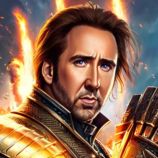 Prompt: Poster art, high-quality high-detail highly-detailed breathtaking hero ((by Aleksi Briclot and Stanley Artgerm Lau)) - ((Nicolas Cage)) , Super hero pose, carbon fibre armour, festival background, full form, epic, 8k HD, ice, sharp focus, ultra realistic clarity. Hyper realistic, Detailed face, portrait, realistic, close to perfection 