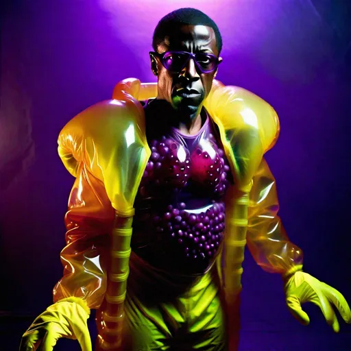 Prompt: Full view of Intimidating mohawked Wesley Snipes  with a mocking expression is wearing a pomegranate and yellow and purple translucent glowing bioluminescent lumpy jello protective suit and posing threateningly in a dark room