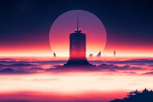 Prompt: Multiple layers of silhouette {Tokyo city}, with silhouette of {Sailor Moon's Moon}, sharp edges, at starry dawn, with fog in air, vector style, horizon silhouette Landscape wallpaper by Alena Aenami, firewatch game style, vector style background