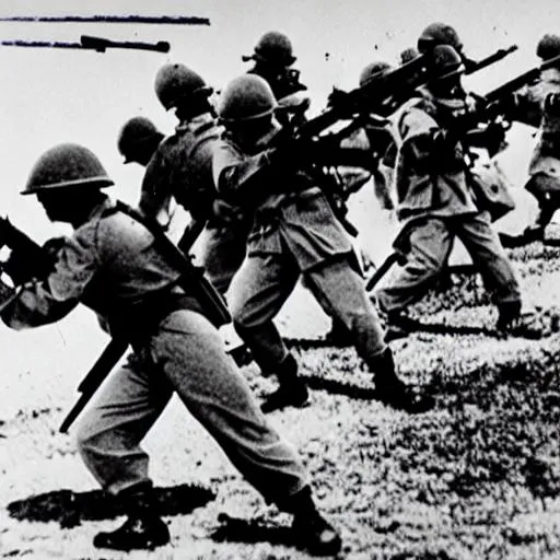 Prompt: A full squad of Japanese soldiers charging, all holding guns and yelling.