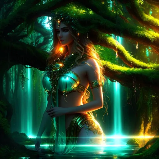 Prompt: 3D HD dramatic cinematic lighting [({one}{(Beautiful benevolent {goddess}female liquid}, expansive magical forest background, hyper realistic, 8K --s98500