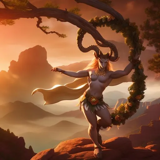 Prompt: a satyr druid, wearing a flower wreath, wielding a spear. dynamic pose, digigrade. Standing on top of a mountain. red rocks, pine trees. Perfect Anatomy, Perfect Horns.