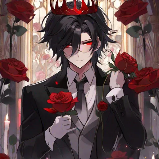 Prompt: Damien  (male, short black hair, red eyes) demon form, wearing a tuxedo, standing at the altar, biting his lip seductively, holding out a rose, wearing a crown, holding a knife
