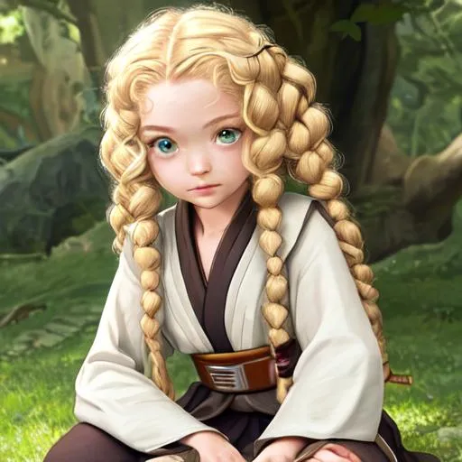 Prompt: padawan girl which has curly blonde hair and green eyes is sitting and talking with her master (man)