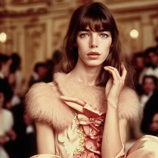 Prompt: Highest quality picture of a young Jane Birkin in a Wes Anderson Movie wearing Schiaparelli haute couture 