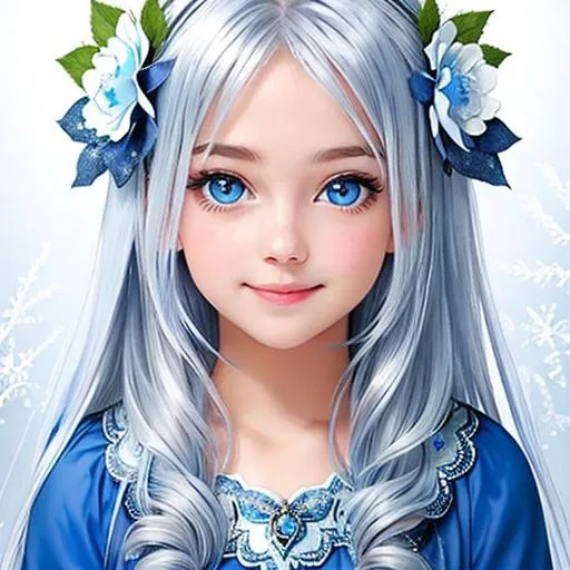 Prompt: young girl, covered in frost, bashful hypnotic sapphire blue eyes, calm bashful smile, gorgeous silver hair, blue flower in her hair