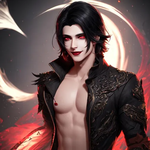 Prompt: young handsome male, black hair ,arabian siren eyes, mischevious smile, moles, dark red lips, one eye slightly blinking, dimple on one side, ultra hd, 64k, artstation, digital art, particles, volumetric lighting, realistic, high quality, unreal engine 4, hd render