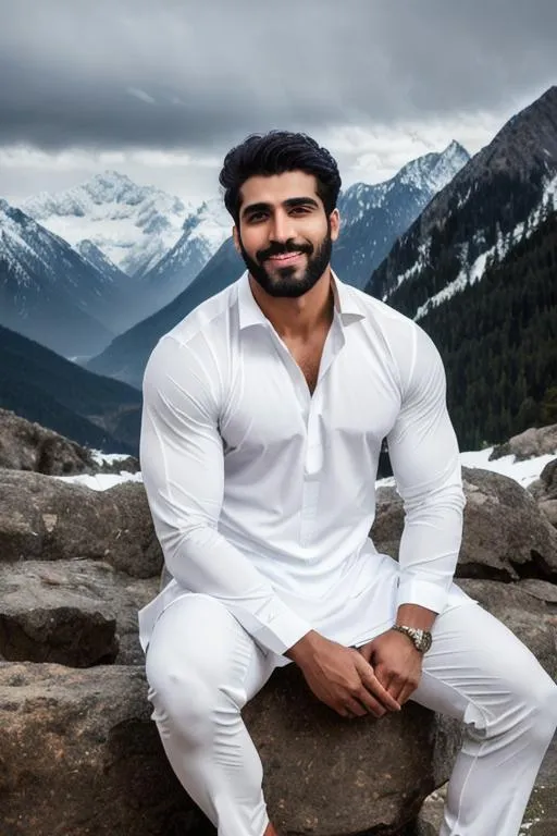 Prompt: a scene of ("eyes closed"  lost in god),"pakistani hyperreal handsome rugged muscle boy" in "hyperreal stormy snow mountain", smile, white kameez, detailed, hyperreal, sitting, arena, perfect composition, hyperrealistic, super detailed, 8k, high quality, trending art, trending on artstation, sharp focus, studio photo, intricate details, highly detailed, by greg rutkowski
