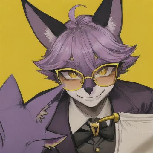 Prompt: A portrait of an lavender colored anthropomorphic male Caracal cat wearing yellow spectacles holding a flag and giving a smirk