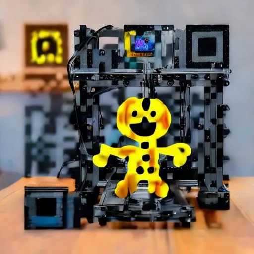 Prompt: A black 3d printer on a wood table,  printing a yellow smiley face 