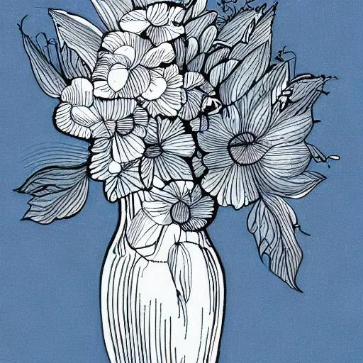 Prompt:  line drawing of flowers in a vase on a blue background 