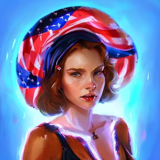 Prompt: a witch wrapped in the american flag with behind her a atomic bomb explosion
