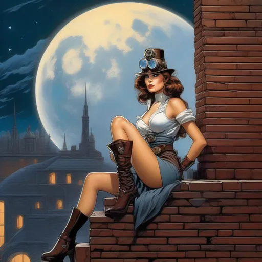 Prompt: comic book, star wars, a female steampunk artist painting the wall, brick wall as background, Full-body portrait, detailed beautiful eyes, epic full moon in background, urban city, windy with clouds, 8k, dim lighting, by Frank Frazetta