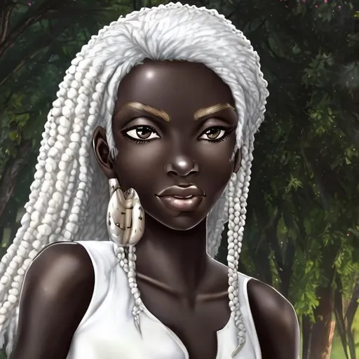 Prompt: A black tall African goddess with white eyes and white hair