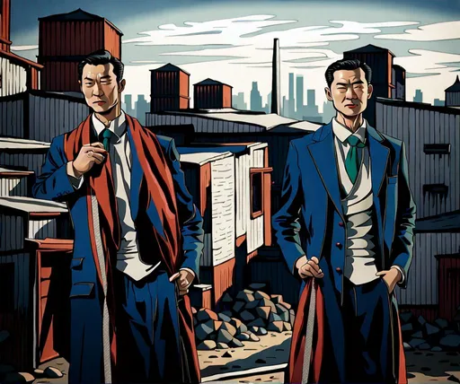 Prompt: A captivating image emerges - an Asian person donning a unique fusion of Eastern and Western attire. Their long necktie adds a touch of formality, while their overcoat robe makes their outfit look similar to a business suit. They radiate strength, resembling a terra cotta warrior in a necktie. The scene is set amidst the backdrop of a warehouse and/or hangar, evoking a realistic and picturesque landscape. The photograph captures the essence of this intriguing blend, inviting viewers to delve deeper into the fusion of cultures.