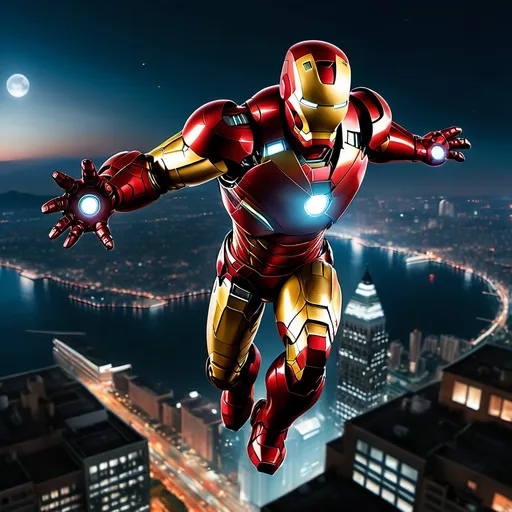 Prompt: Iron Man flying over a cityscape at night.