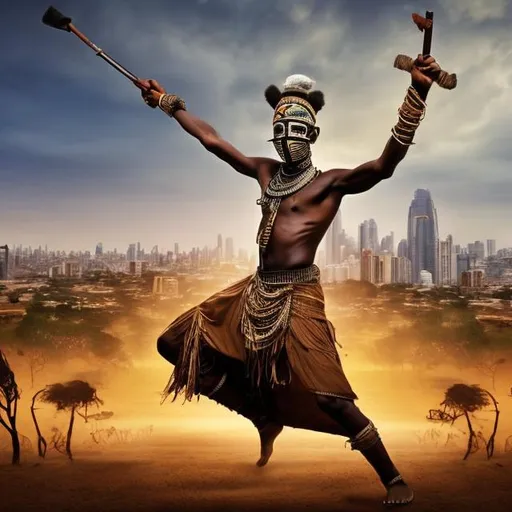 Prompt: an African masaai warrior wearing an immortal mask holding a spear while  dancing the Zaouli dance on a open savannah with Nairobi city skyline on far skyline. use Photoshop brushes to give it an artist feel.