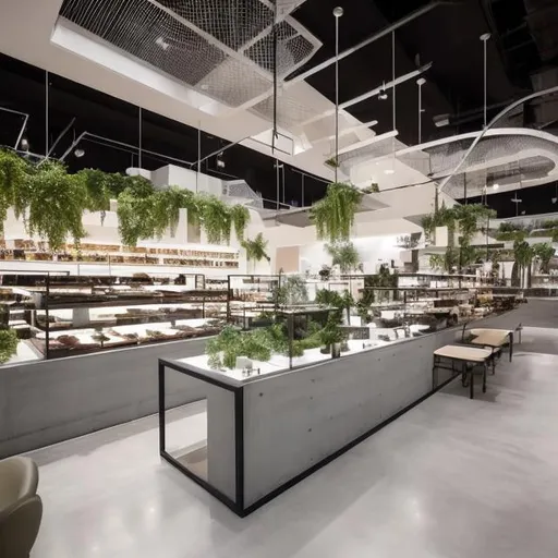 Prompt: Design a high-end food hall that uses concrete, creative lighting, and minimal greenery to enhance the user experience. The hall should have a V-shaped layout and accommodate many different islands each with its unique style as well as wall displays for chocolates and other goods. The design should show the relation between the different shops in the space and create a sense of variety and harmony. The design should also consider the following aspects:

The size and shape of the hall and the number of shops and counters it can fit
The style and theme of the hall and how it reflects the identity and culture of the food vendors
The type and placement of the lighting fixtures and how they create different moods and effects in the hall
The color and texture of the concrete and how it contrasts or complements the other materials and elements in the hall
The arrangement and organization of the displays and how they attract and entice the customers
The accessibility and functionality of the hall and how it facilitates the flow and movement of the customers and staff