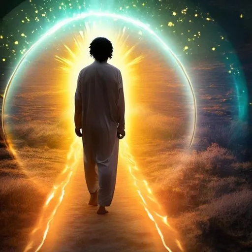 Prompt: A man in a different dimension walking around spiritually enlightened while being in the light guided by his higher self feeling Love and abundance 