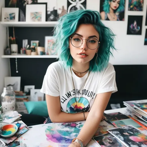 Prompt: A messy art workspace in a small apartment.
Artsy and Colorful Age:18 girl with detailed cute and expressive face. 
Short, wavy teal hair with a choppy, messy cut.
A nose ring or septum piercing, layered necklaces, and large, round glasses.
Wears oversized graphic T-shirts, cleavage, high-waisted mom jeans, and sneakers with colorful mismatched socks.