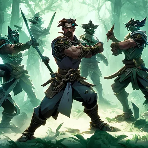 Prompt: group of paladins of forest order training martial arts, dnd character art scene, fantasy digital concept art