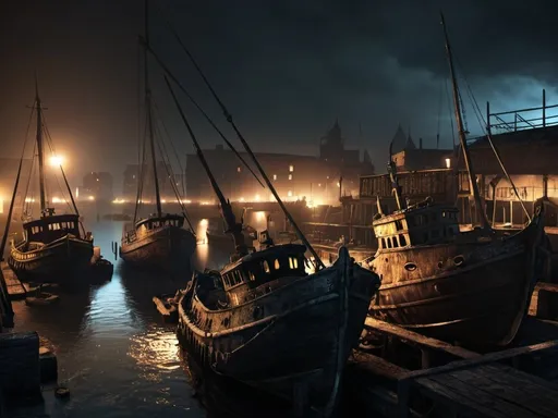 Prompt: Old boats in docks warhammer style eerie atmosphere in night