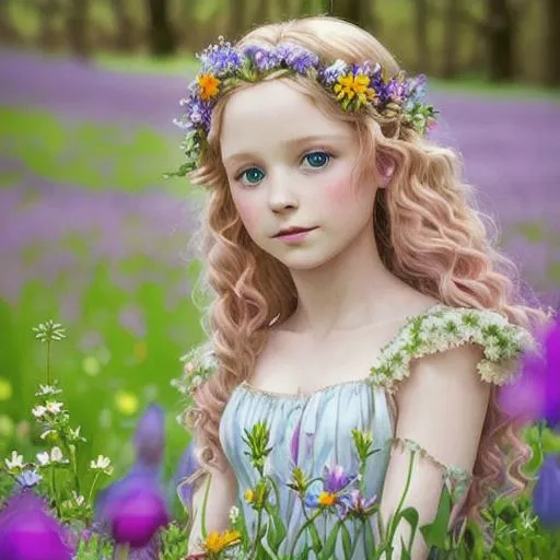 Prompt: a youngfairy goddess of spring, Sbitley Temple curls, ,wildflowers, vivid colors, closeup