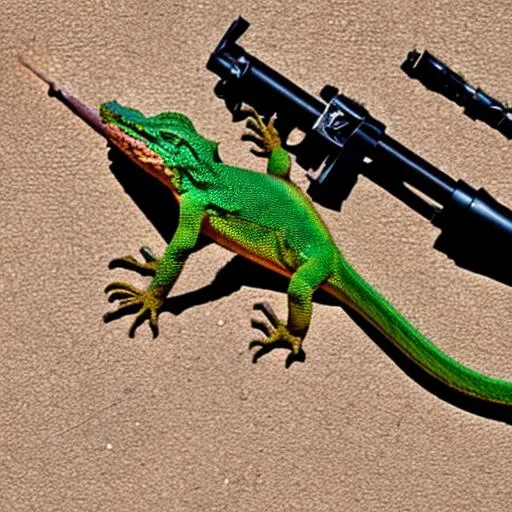 Prompt: lizard with gun and boom
