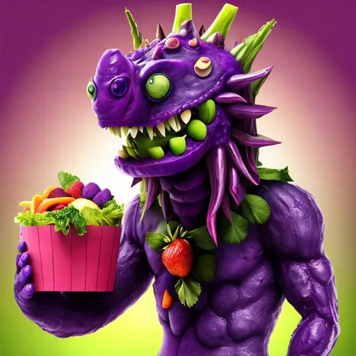 Prompt: A (health) purple monster (made of fruit and veggies) avatar (good guy), that fights the sickness (bad guy) made of rotten fast food.  
