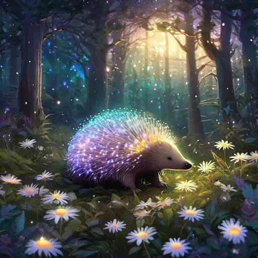 Prompt: A fantasy translucent echidna that is glowing, in a forest clearing surrounded by daisies and ferns, beneath the stars, bioluminescent, highres, best quality, concept art