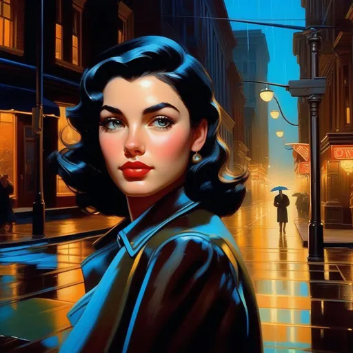 Prompt: Third person, gameplay, Italian-American girl, pale olive skin, black hair, brown eyes, 1940s, Philadelphia, neon, rain, blue atmosphere, cartoony style, extremely detailed painting by Greg Rutkowski and by Henry Justice Ford and by Steve Henderson 

