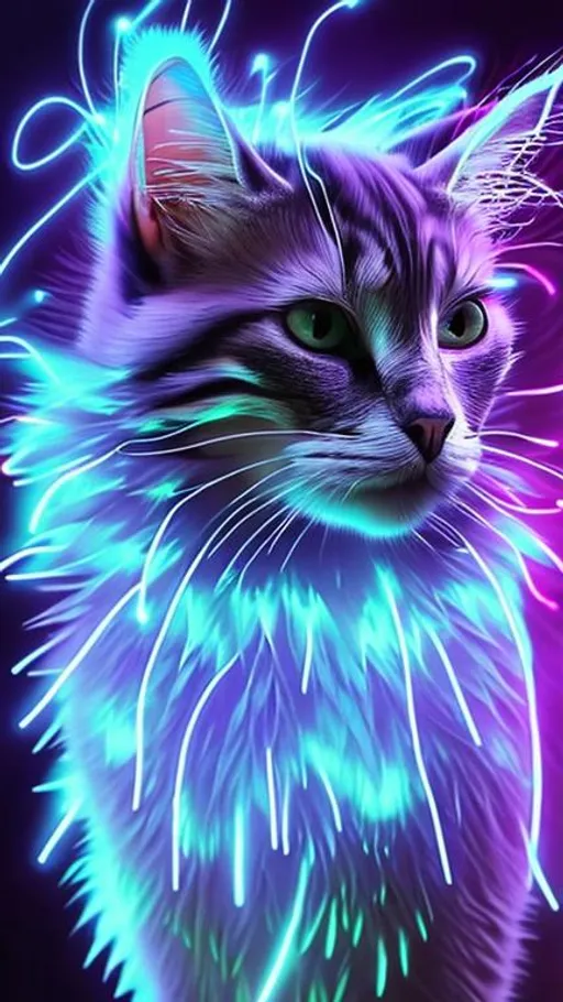 Prompt: Cat,feathery, glowing,neon, beautiful, hyper realistic, gjfsisuis🥵😺