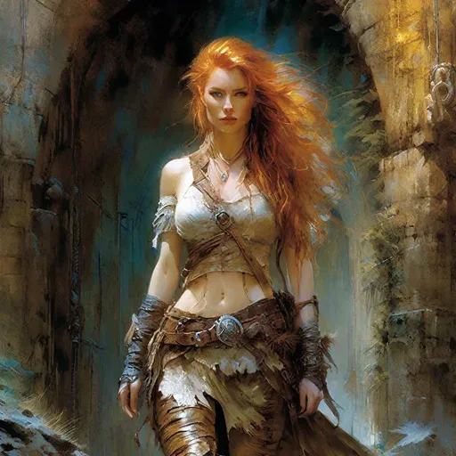 Prompt: "A beautiful ginger adventuress in torn clothing with wounds walking out of the dungeon. , Luis Royo, Clint Cearley, Daarken, Jeremy Mann, hyper-detailed, hyperrealistic, digital art, detailed background, fairy tale, cinematic, vibrant pastel colours"