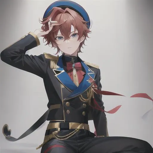 Prompt: an anime boy with average build, curly red hair and cyan eyes and wears a blue and black shirt, white pants, black boots with gold accents and a black jacket with red, white, blue and gold accents. There is a golden spade shaped medal on his left lapel, a blue and black ribbon hanging from it. a black hat sits on his head, with the ALKALOID logo set in blue on the hat. A white belt with red and black diamonds sits on his waist. the outfit is completed with black wrist length fingerless gloves.