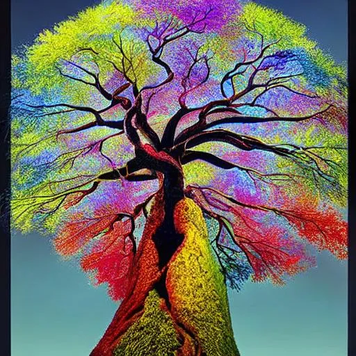 Prompt: Illustrate a mind-bending surrealistic tree that defies gravity and reality. Picture a towering tree with iridescent bark that shimmers in hues of magenta and turquoise. Its branches, instead of leaves, sprout delicate feathers, each one a vibrant spectrum of colors. At the top of the tree, where the crown would be, an intricately designed antique clock emerges, its hands spinning in reverse. The roots of this enigmatic tree extend from the trunk and transform into a maze of intertwined gears and mechanical contraptions, reminiscent of an otherworldly clockwork mechanism. One of the roots plunges deep into an ethereal cosmic ocean, where phosphorescent jellyfish float and emit a soft, radiant glow. Among the branches, peculiar creatures manifest, blending seamlessly with the feathers. Visualize hummingbird-fish hybrids darting through the air, their wings made of shimmering scales, while butterfly-birds soar gracefully, their wings morphing into elegant flower petals. Let your imagination run wild as you bring this surrealist masterpiece to life on paper!