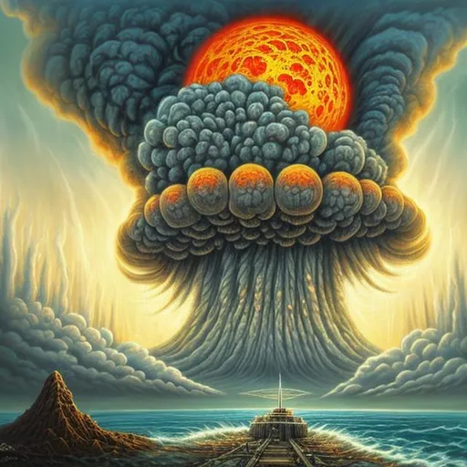 Prompt:  fantasy art style, painting, nuclear weapons, nuclear bombs, atom bomb, nuclear explosions, mushroom cloud, tzar bomb, bombs, concrete, smog, fog, evil, warship, naval ship, boat, deep ocean, waves, tsunami, flood, end of the world, apocalypse, dystopian, warfare, robot