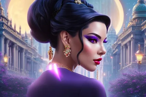 Prompt: head-on, surreal cartoon, high fashionista walking toward viewer, Stunning, glossy portrait of a stunning woman with lavender white hair pulled back into a bun, she is dressed like a summer princess, metallic black fabric fabric, dramatic jewelry, dramatic necklace with a tiny dagger that looks real, background is architecture lit by the moon,  trending on artstation