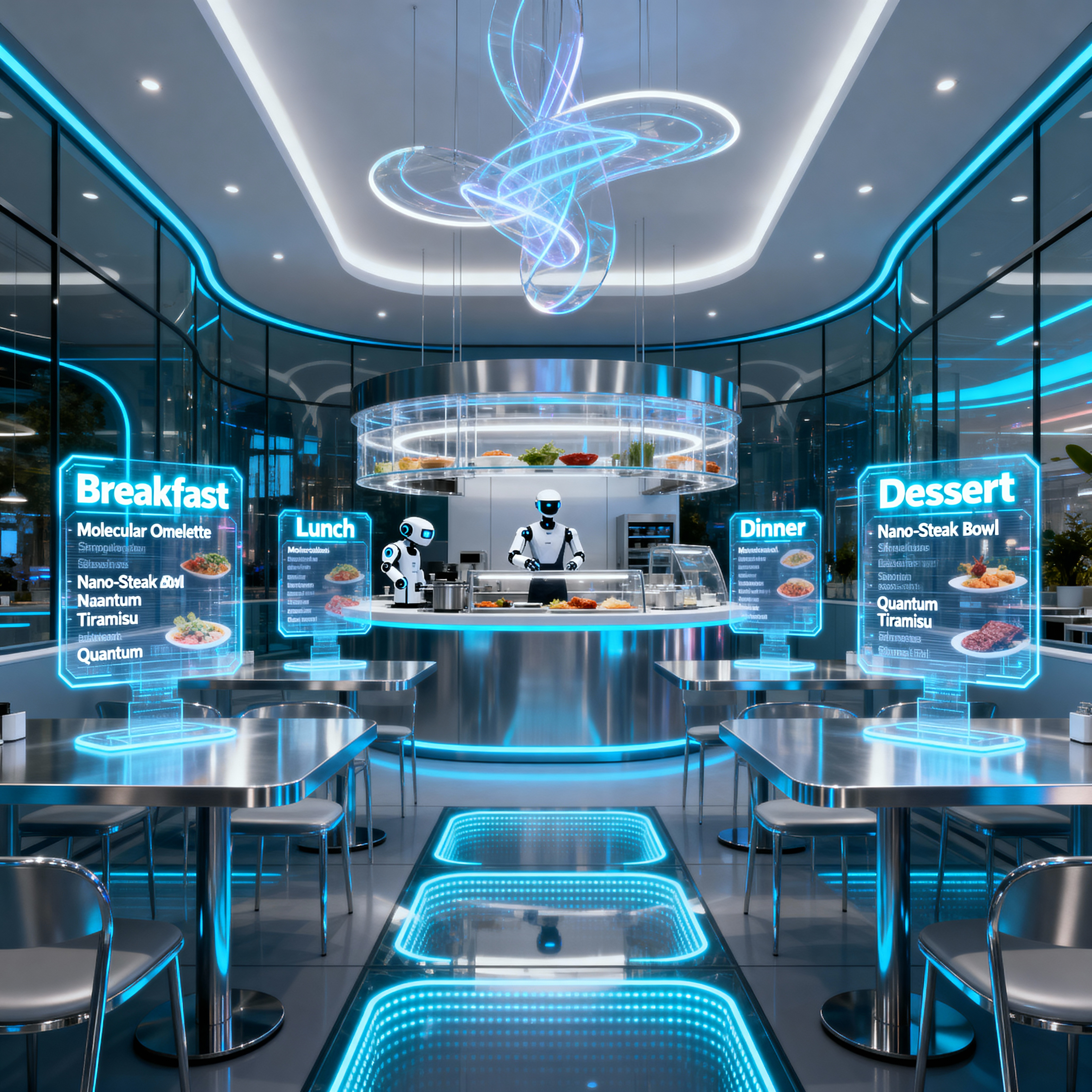 Make a futuristic Restaurant with a breakfast lunch...