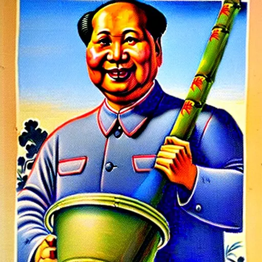 Prompt: 1960s Chinese propaganda poster of a smiling Mao Zedong, Mao is carrying a bamboo pole on his shoulder, Mao Zedong is surrounded by workers, attached to the bamboo pole Mao is holding are water buckets, Mao is in a village, highly detailed, highly decorated, masterpiece, vivid