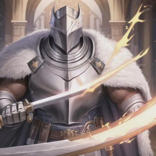 Prompt: oil painting, hd quality, UHD, hd , 8k, hyper realism, muscled knight, big biceps, iron armour and helm, long cape and white big fur, shining sword.