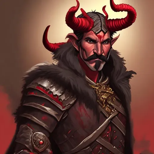 Prompt: d&d character, tiefling male, black hair,red skin, leather armor, beard and mustache,two horns
