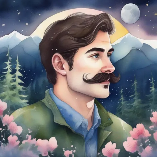 Prompt: A colourful and beautiful profile picture of a handsome brunette man with a mustach surrounded by Sitka Spruce trees, and cheery blossom flowers, and framed by mountains, the moon and constilations, done in a watercolour style