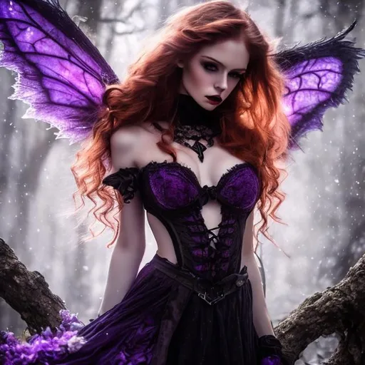 Prompt: HD 4K 3D Stunning, magic, cinematic potrait of gothic nymph, long, curly redhead hair, purple light, sunstrails, perfect female beauty, intricate, pale traslucent skin, magic, rich black dress, ethereal, stunning, gorgeous body, gorgeous eyes