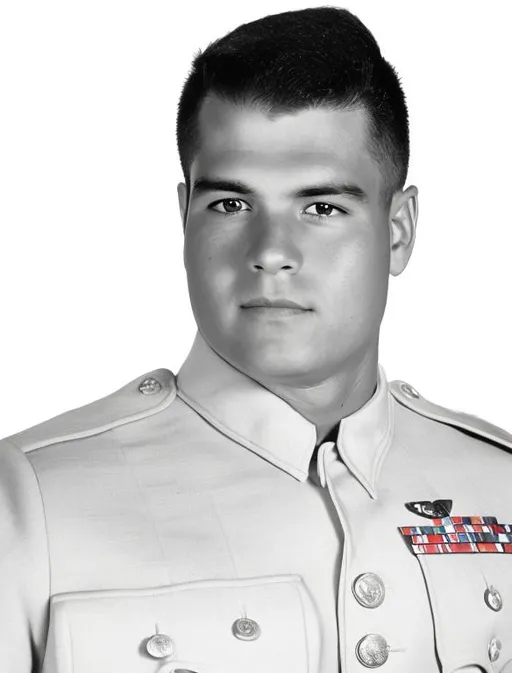 Prompt: Black and white military profile photo. He is wearing a united states marine corps  uniform and is fit with white background