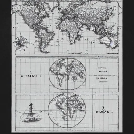 Prompt: pencil drawn detailed map of 3 continents, each with different types of regions