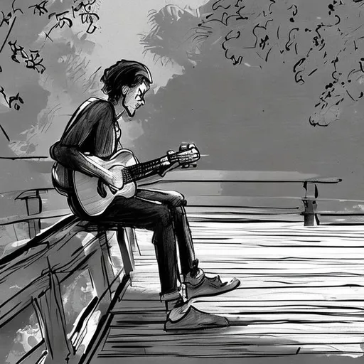 Prompt: Draw a rough sketch in black and white of a man sitting on a wooden bridge an playing the guitar.